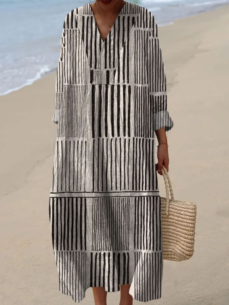 Women's Vintage Geometric Line Art Print Cotton Dress