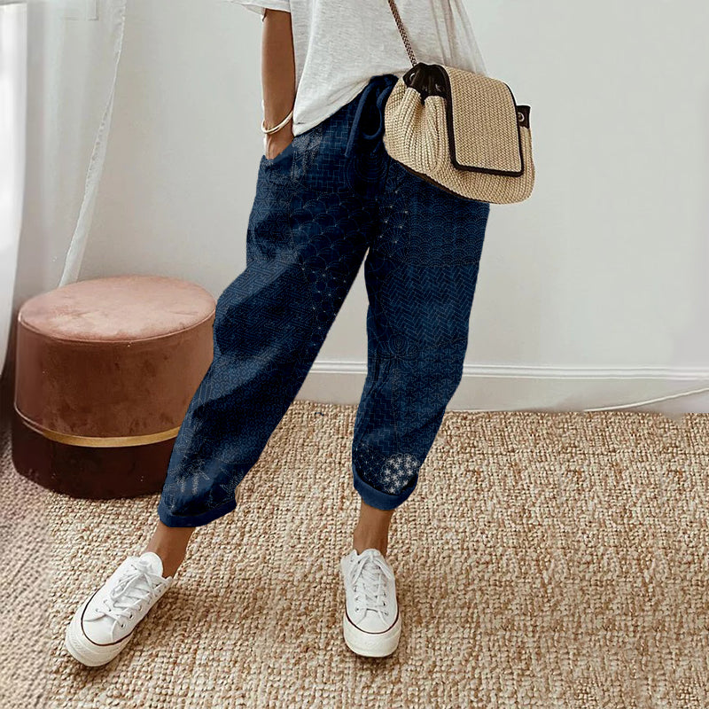 Japanese Traditional Sashiko Art Comfy Linen Pants