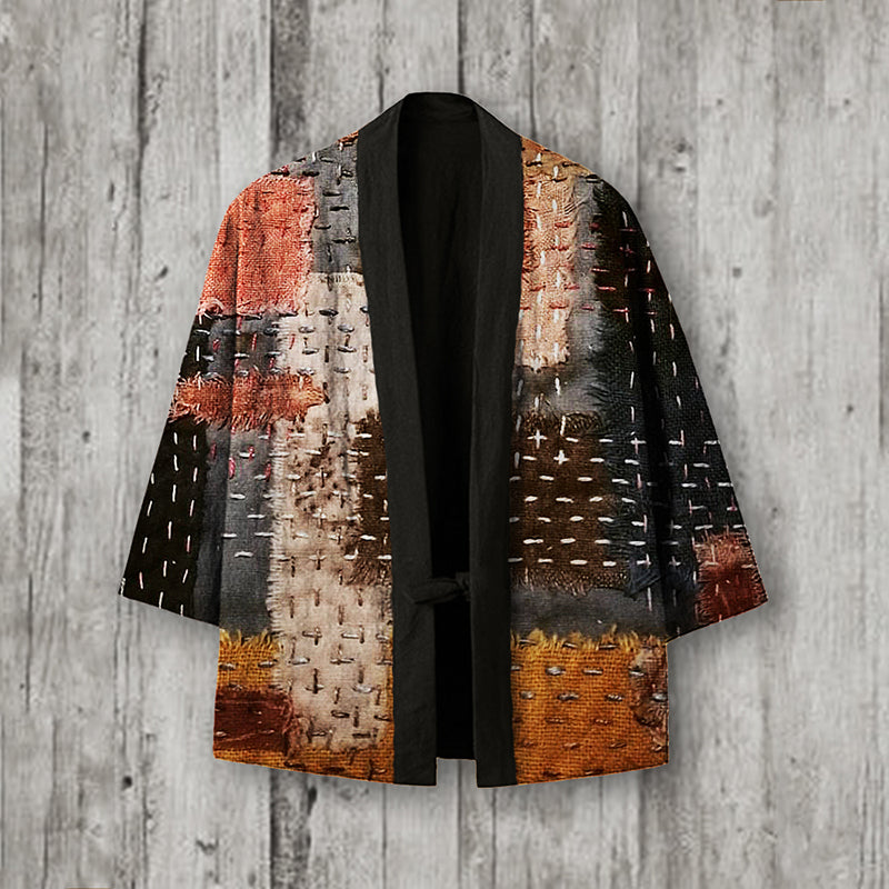 Frayed Patchwork Japanese Sashiko Art Linen Blend Kimono Cardigan