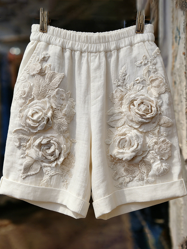 Vintage Rose Embroidery Art Blend Washed Cotton Linen Shorts