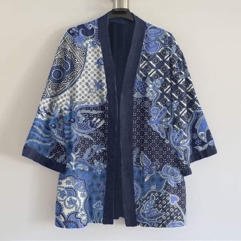 Japanese Traditional Sashiko Art Pattern Art Print Linen Blend Kimono Cardigan