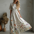 Women's Vintage Spring Floral Art Flowy Linen Maxi Dress