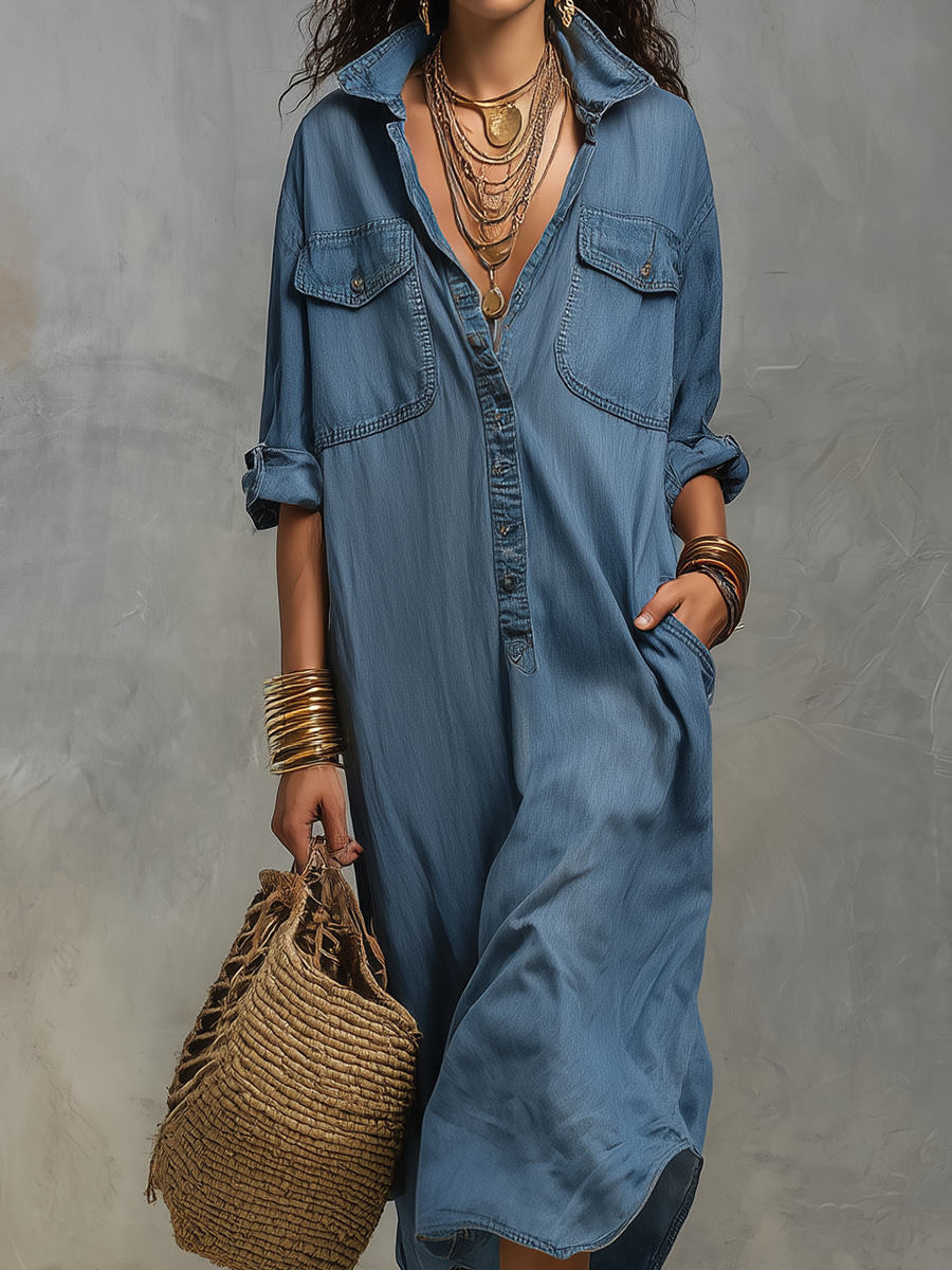 Casual Bohemian Style Washed Blue Shirt Dress