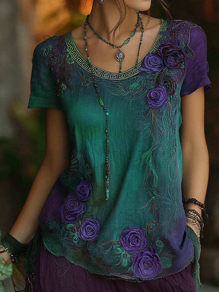 Women's Vintage Purple Rose Gradient Crew-neck T-shirt