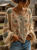 Women's Bohemian Floral Round Neck Western Style Top