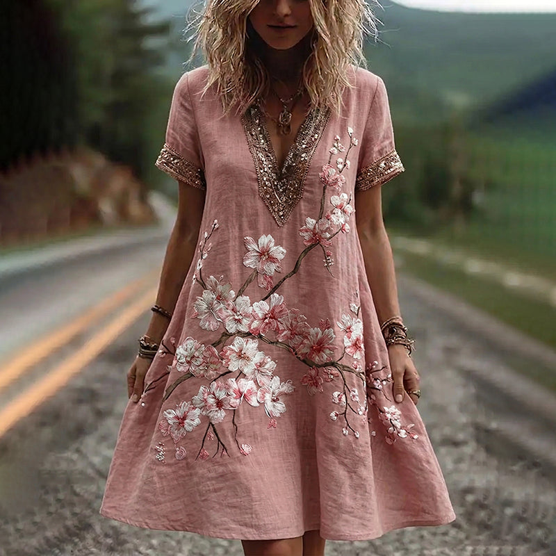 Women's Retro Cherry Blossom Floral Art Short Sleeve Mini Dress