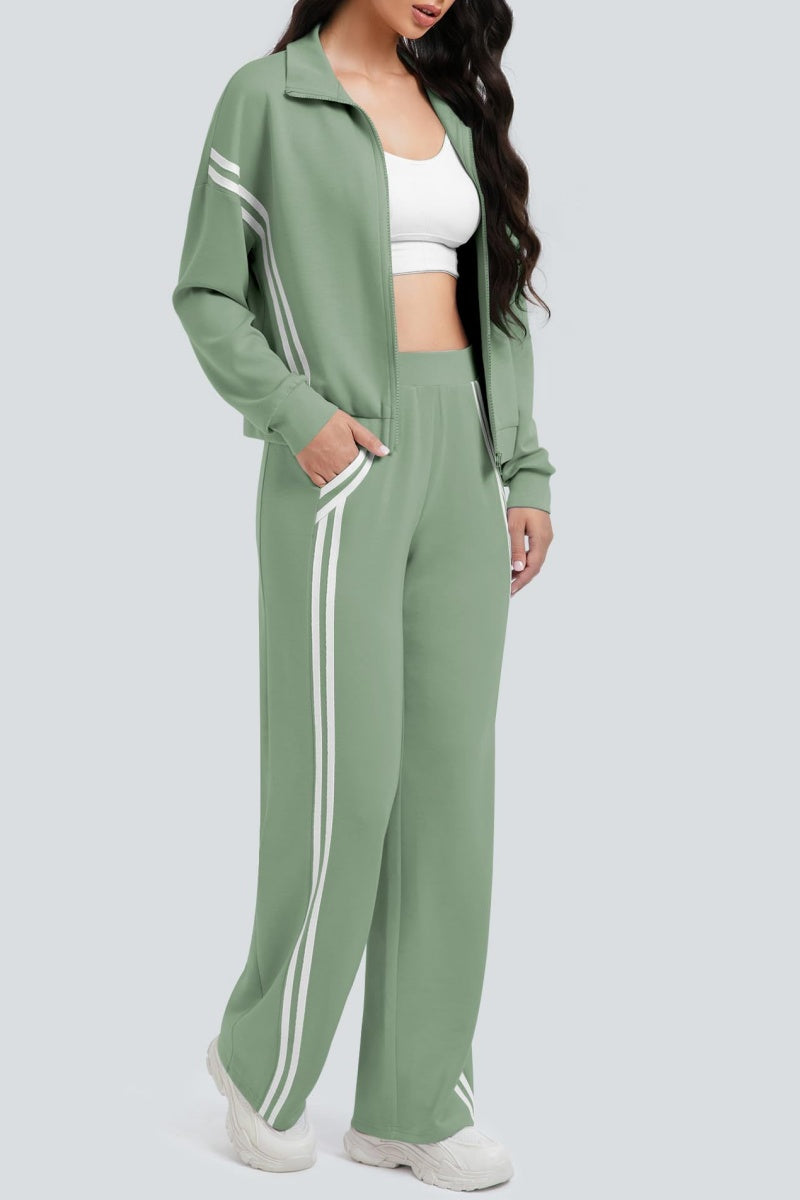 Zippered Tracksuit With Color-blocked Striped Wide-leg Pants