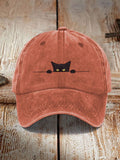 Japanese Art Black Cat Print Washed Hat