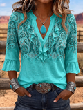 Women'S Casual Western Style V-Neck Ruffled Cotton And Linen Top