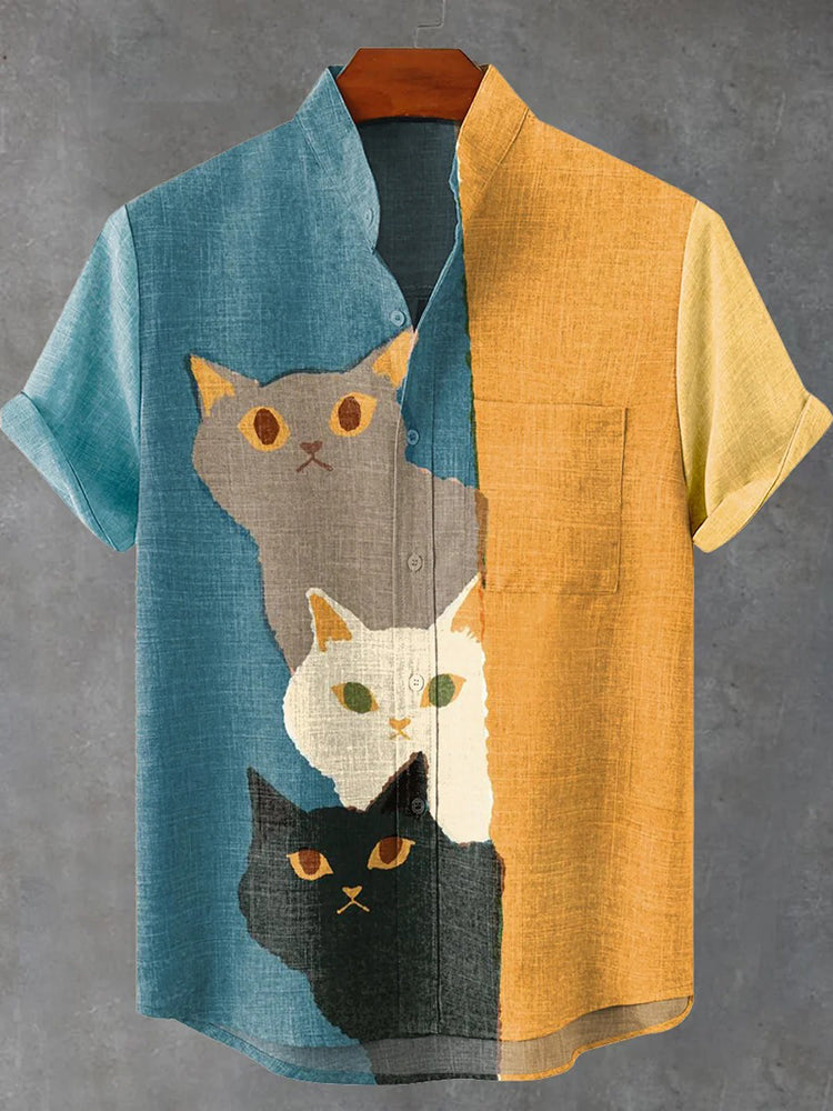 Men's Three Curious Cats Print Casual Cotton Shirt
