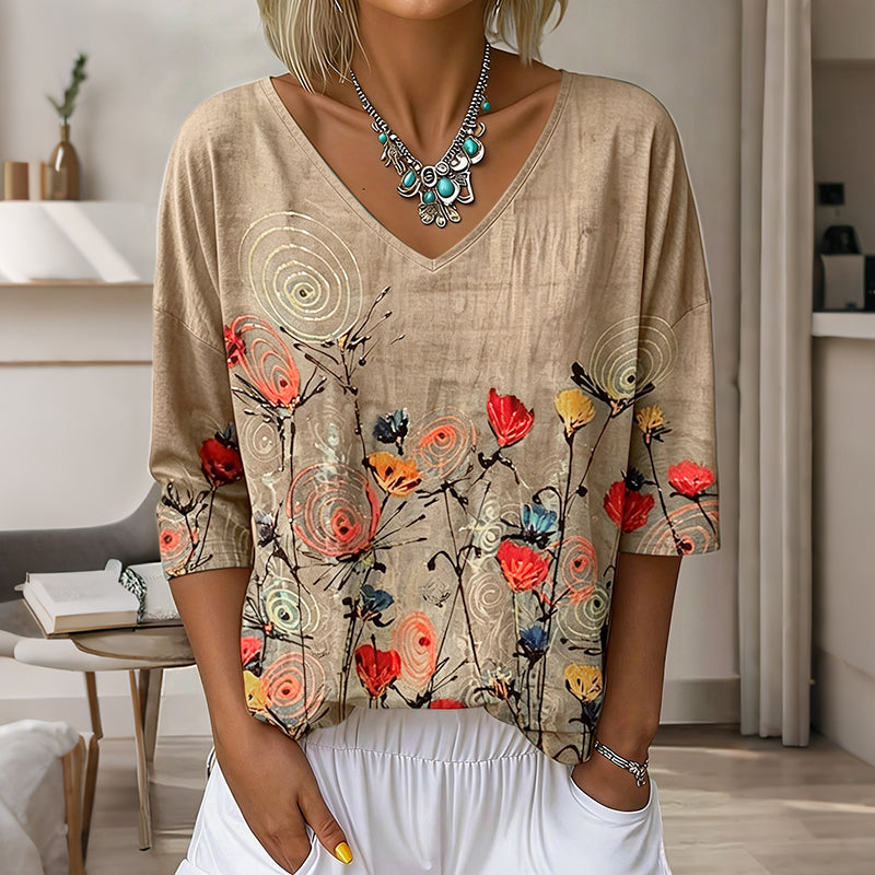 Women's Vintage Floral Pattern Art Print Flowy Linen Blend  Three-quarter Sleeve V Neck Linen Tops