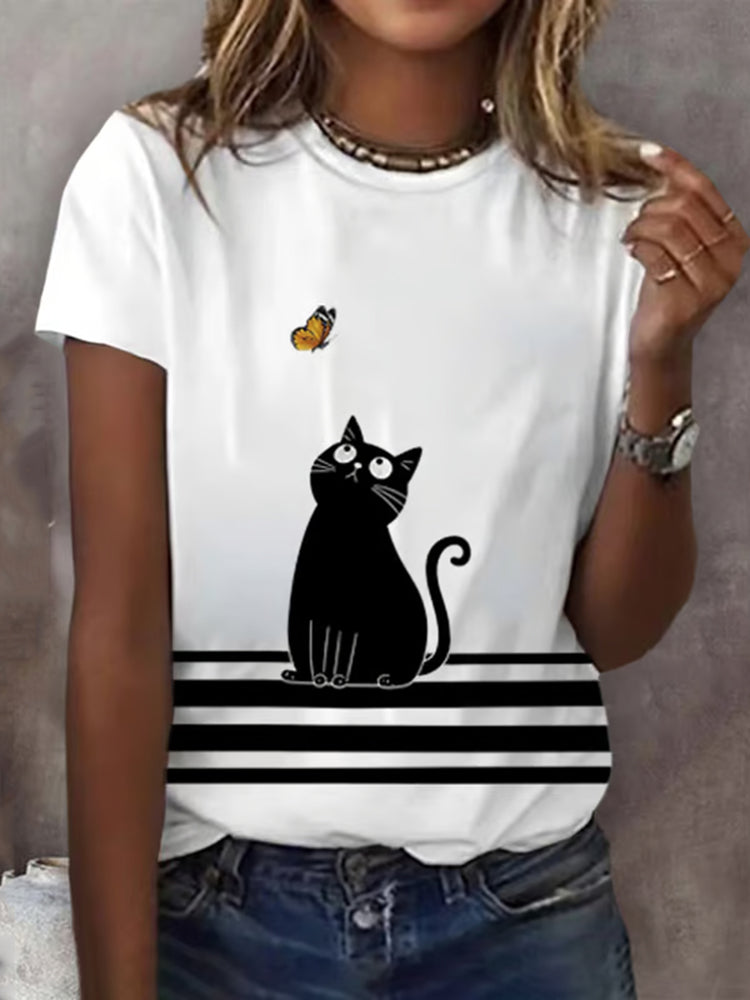Abstract Creative Cute Black Cat Play With Butterfly Art Print Cotton Graphic T-shirt
