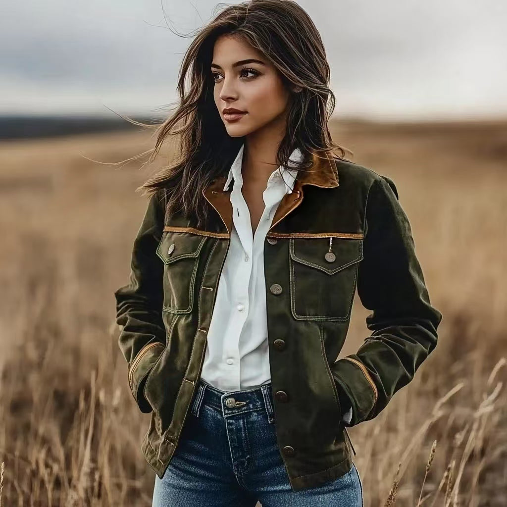 Women's Vintage Suede Colorblock Lapel Collar Jacket