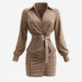 Lady's Brown Grid Patchwork Waist-wrapped Skirt