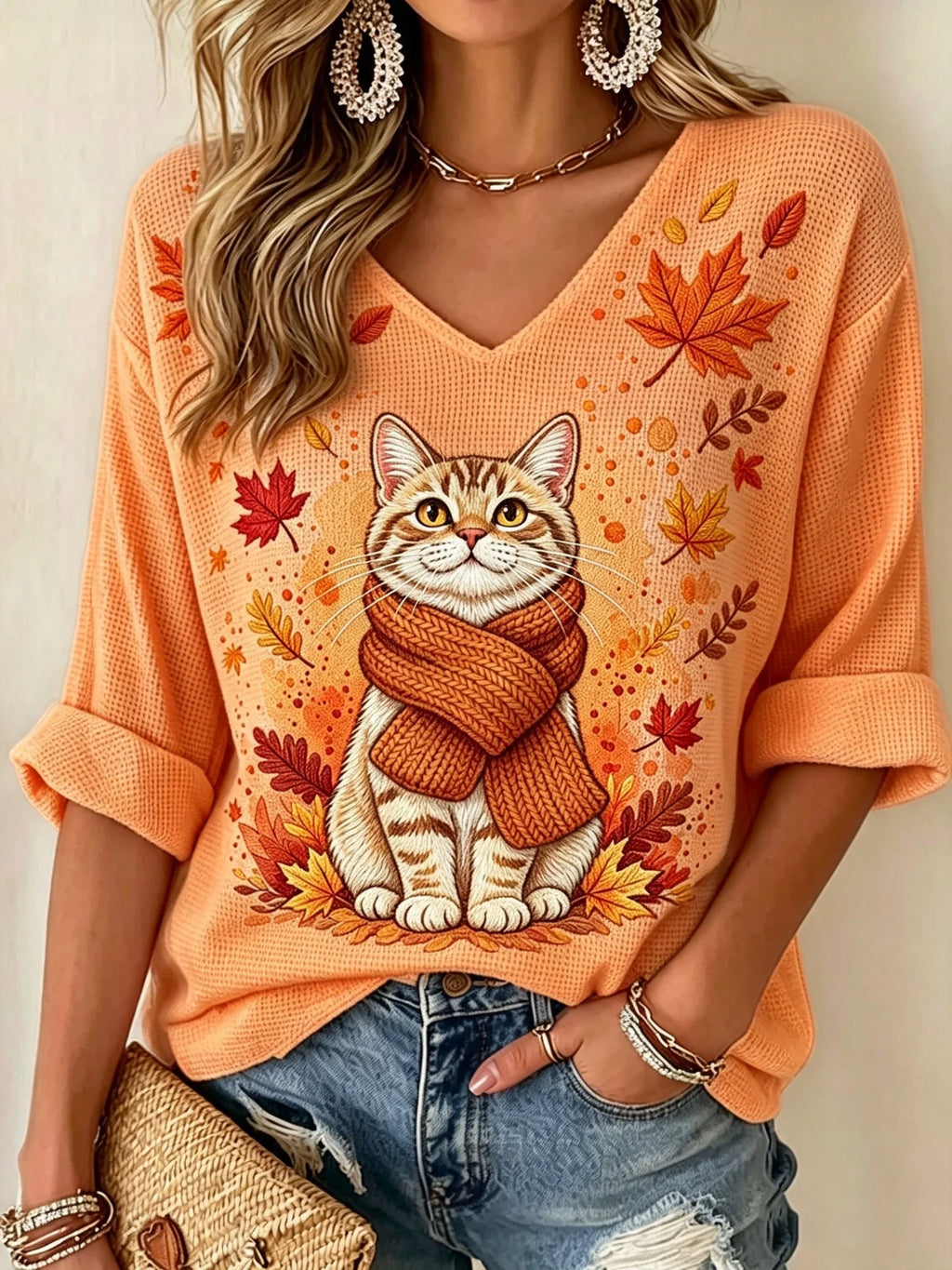 Women's Autumn Cat Print Waffle Casual T-Shirt