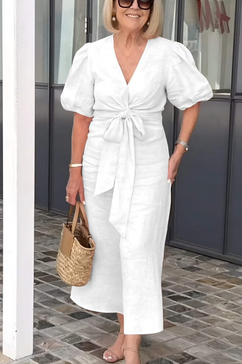 V-neck Tie-waist Puff Sleeve Cotton Dress