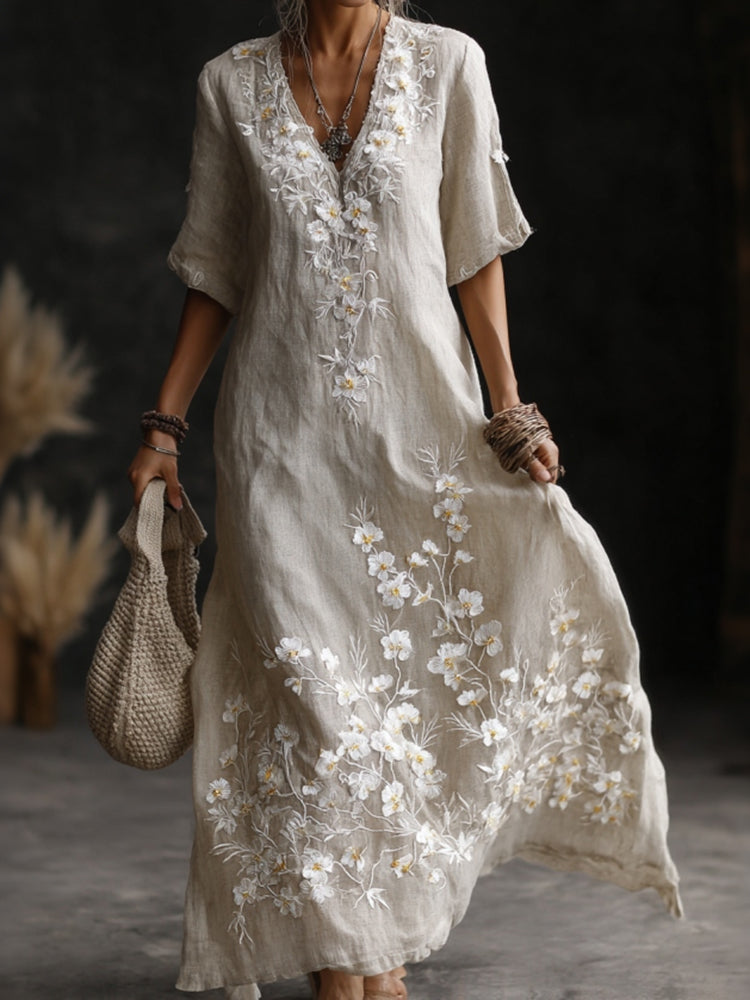Vintage Japanese Plum Blossom Art Embroidered Linen Maxi Dress
