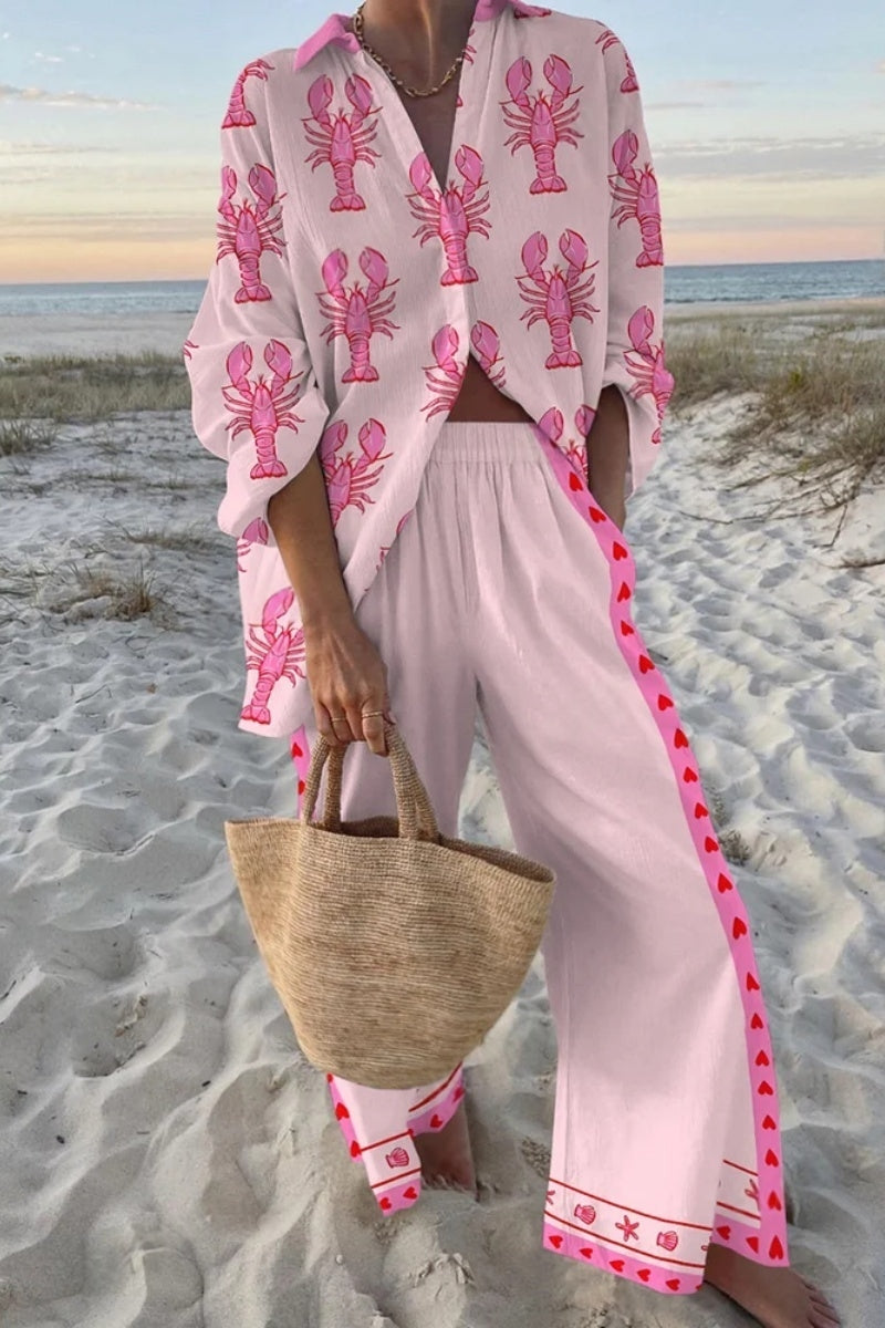 Summer Holiday Lobster Print Casual Two-piece Set