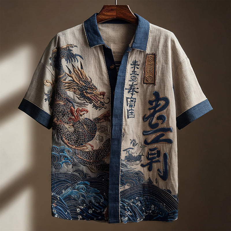Japanese Dragon Calligraphy & Wave Pattern Casual Shirt