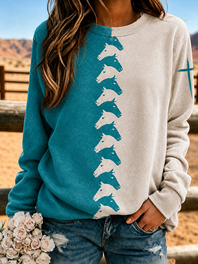 Women'S Western Style Cross Print Round Neck Sweatshirt