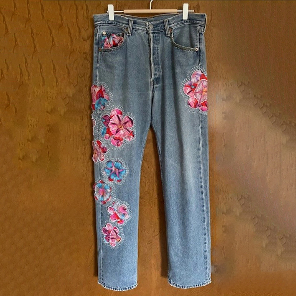 Vintage Japanese Sakura Applique Embroidery Art Design Jeans