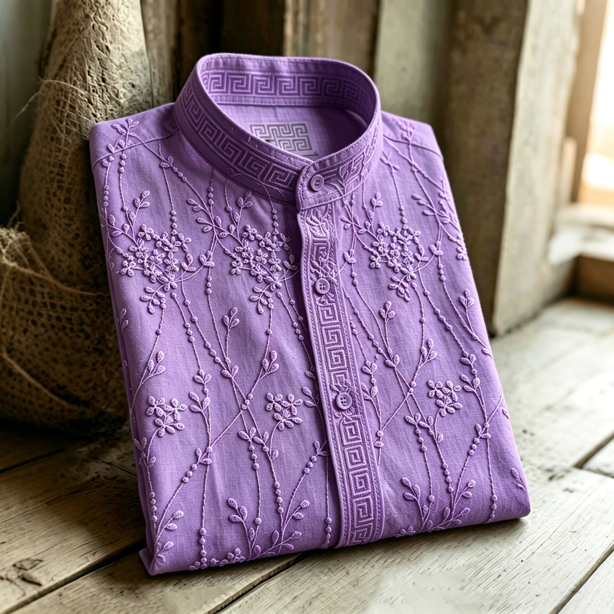 Retro Floral Pattern Casual Linen Blend Shirt