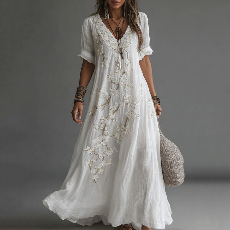 Women's Vintage Japanese Plum Blossom Art Casual Linen Maxi Dress
