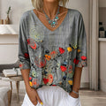 Women's Vintage Floral Pattern Art Print Flowy Linen Blend  Three-quarter Sleeve V Neck Linen Tops