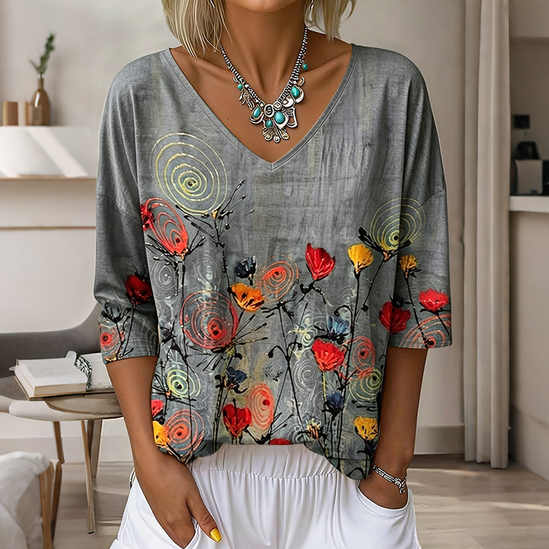 Women's Vintage Floral Pattern Art Print Flowy Linen Blend  Three-quarter Sleeve V Neck Linen Tops