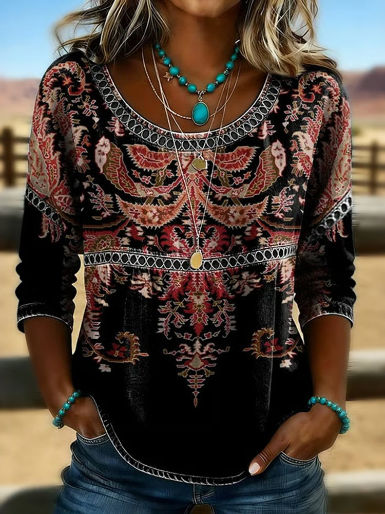Women's Vintage Tribal Floral Print Long Sleeve Top