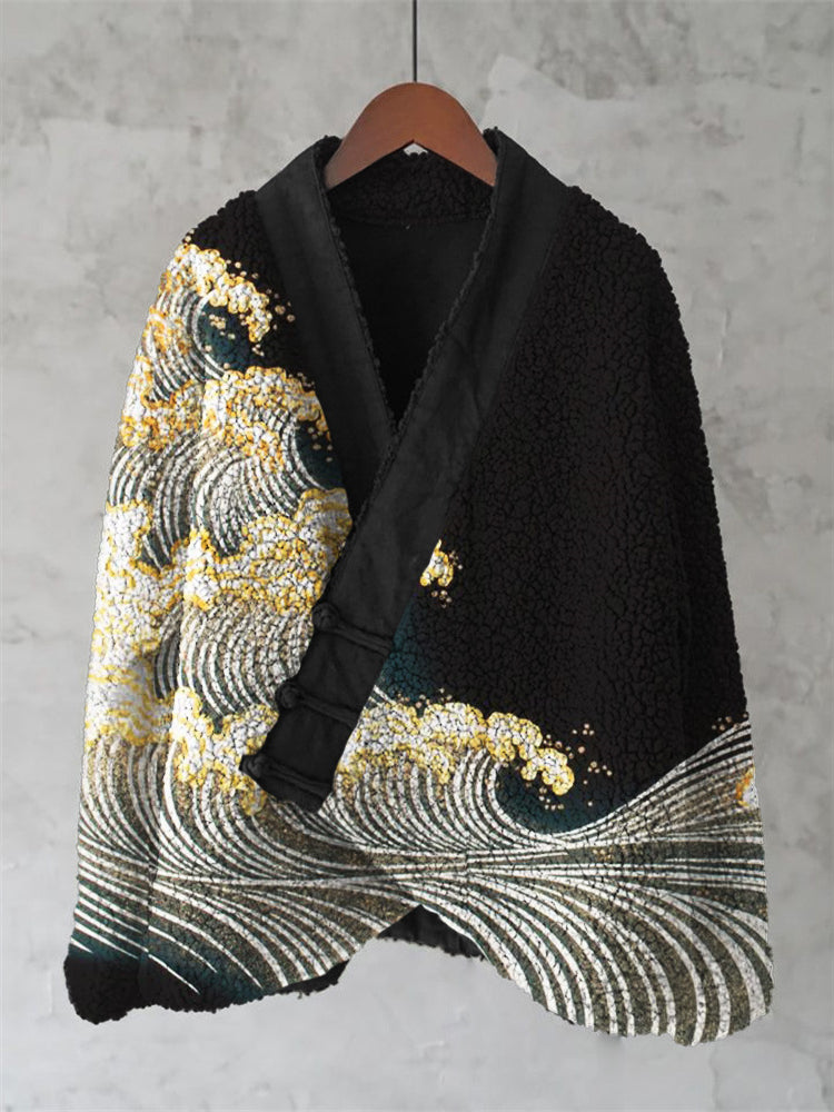 Sea Waves Japanese Contrast Art Cozy Fleece Kimono Cardigan