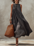 Oversized Charcoal Gray Linen Halter Midi Dress