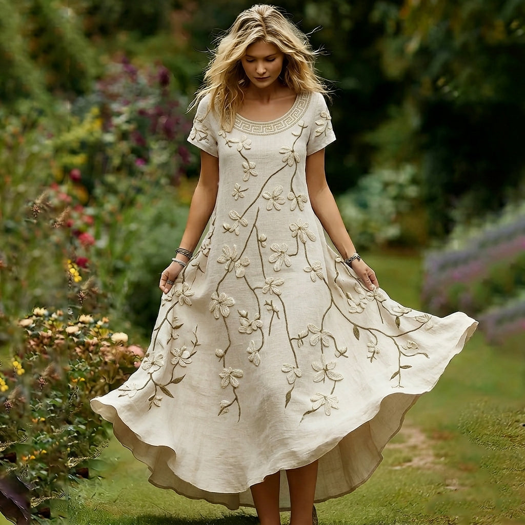Women's Vintage White Floral Casual Round-neck Dress