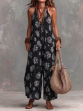 Women's Retro Print V-neck Sleeveless Casual Loose Wide-leg Cotton-linen Jumpsuit