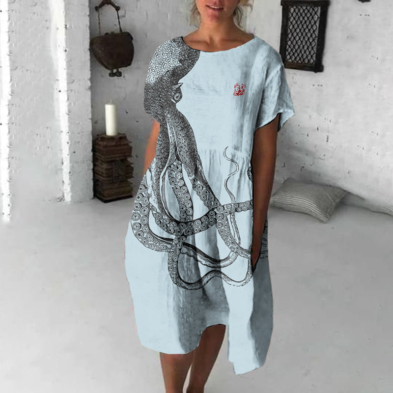 Japanese Art Octopus Print Crew Neck Loose Midi Dress