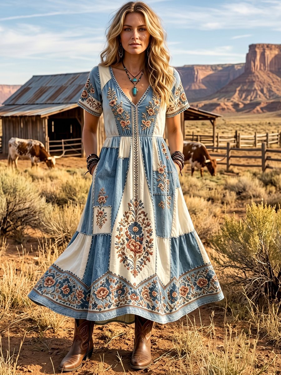 Women's Western Vintage Linen-Blend Maxi Dress