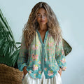 Bohemian Style Linen Sakura Blossom Waves Art Print Long Sleeve Shirt
