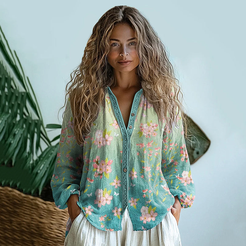 Bohemian Style Linen Sakura Blossom Waves Art Print Long Sleeve Shirt