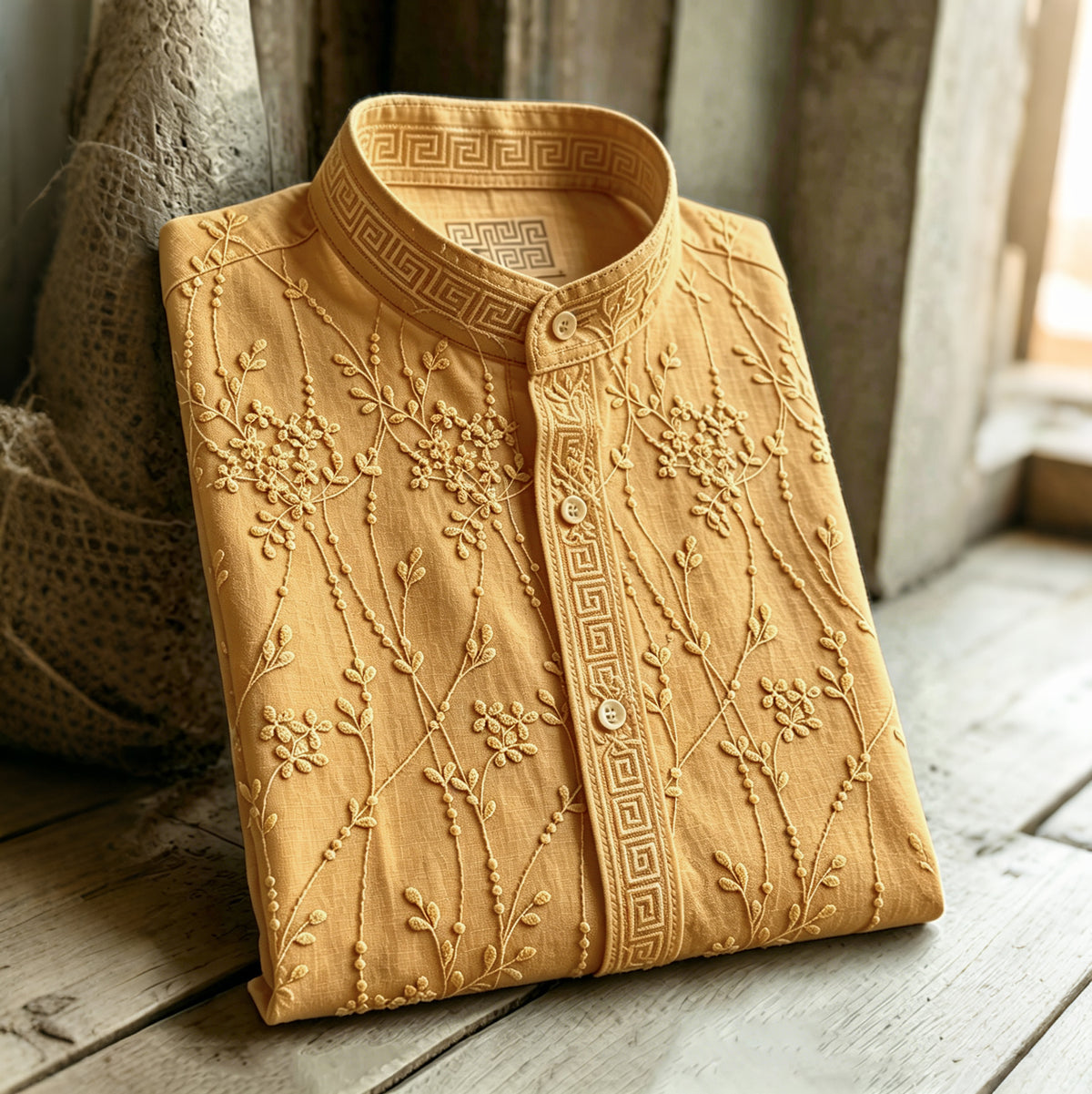 Retro Floral Pattern Casual Linen Blend Shirt