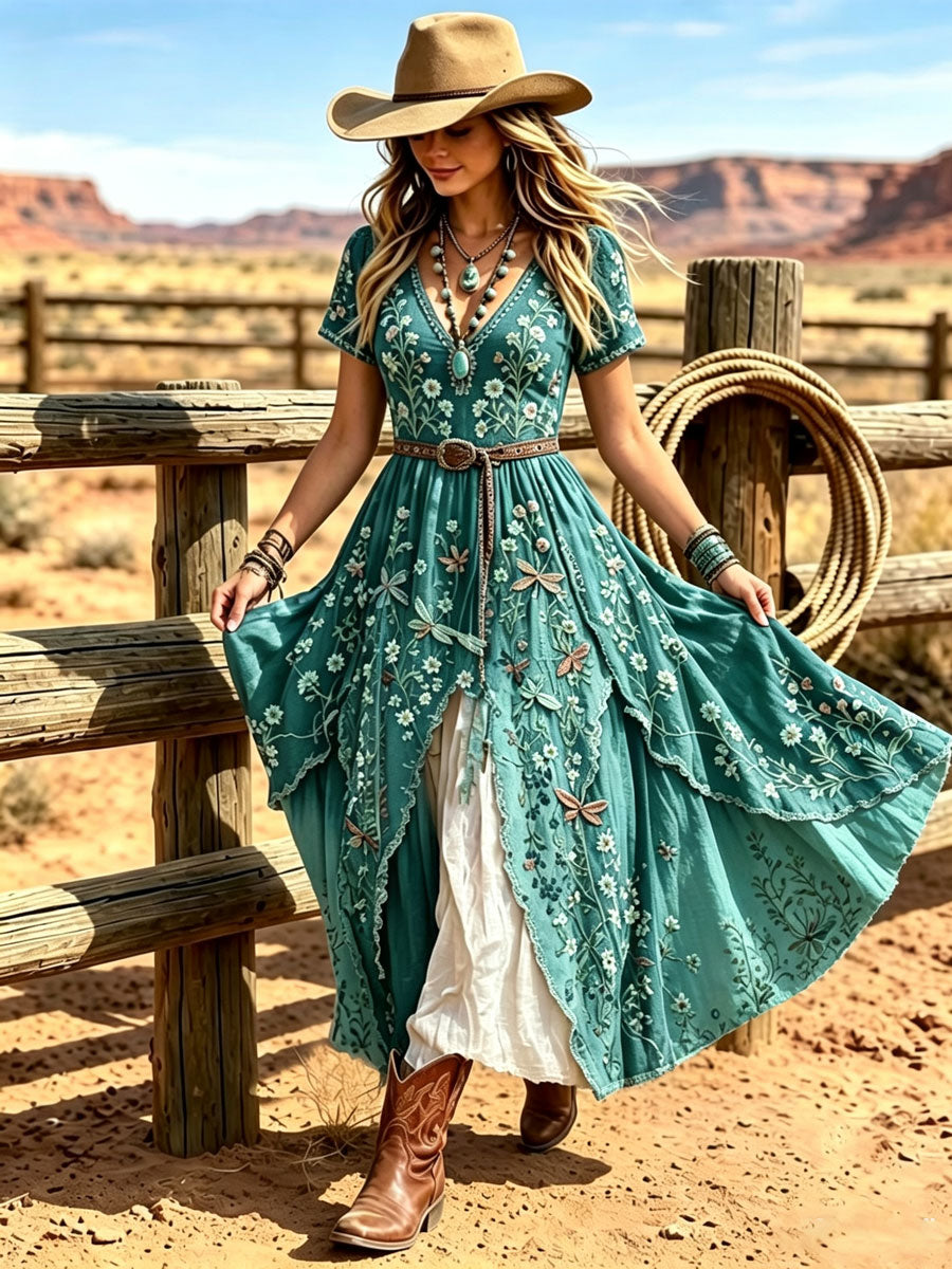 Women's Western Vintage Linen-Blend Maxi Dress