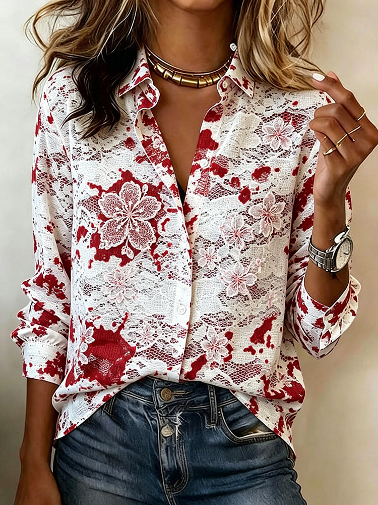 Japanese Cherry Blossom Bloody Lace Pattern Linen Blouse