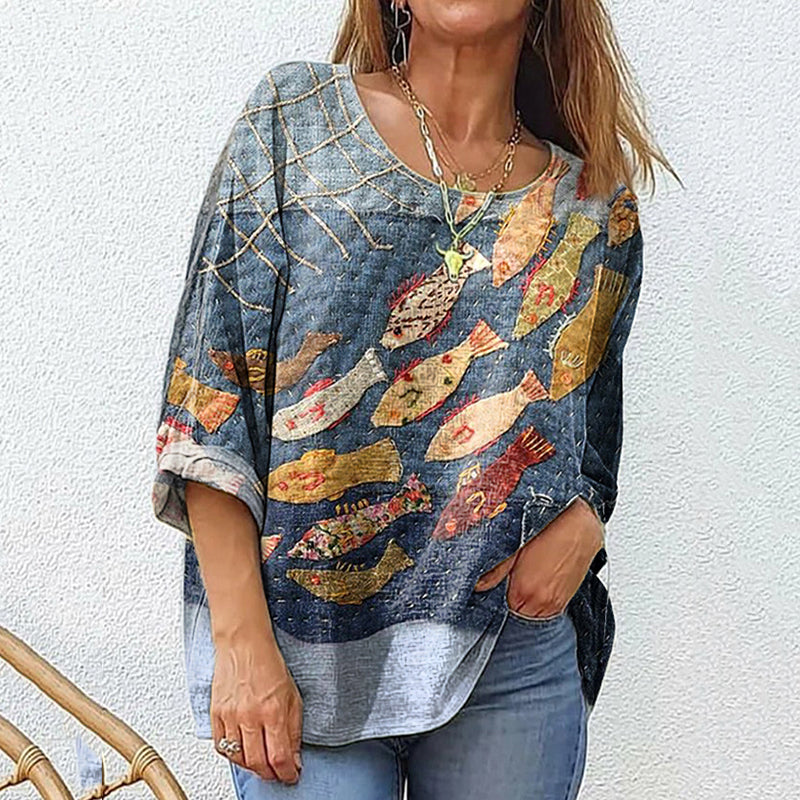 Fish Art Print Cotton And Linen Women's Casual Shirt
