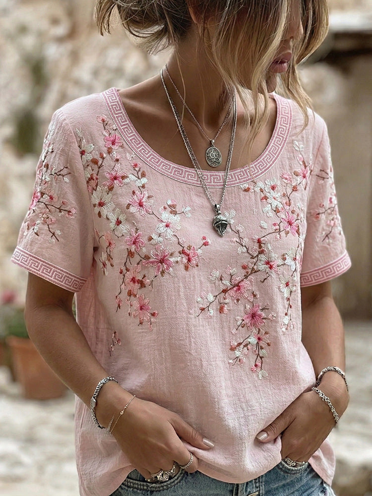 Women's Vintage  Japanese Cherry Blossom Art Round Neck Short Sleeve T-shirt