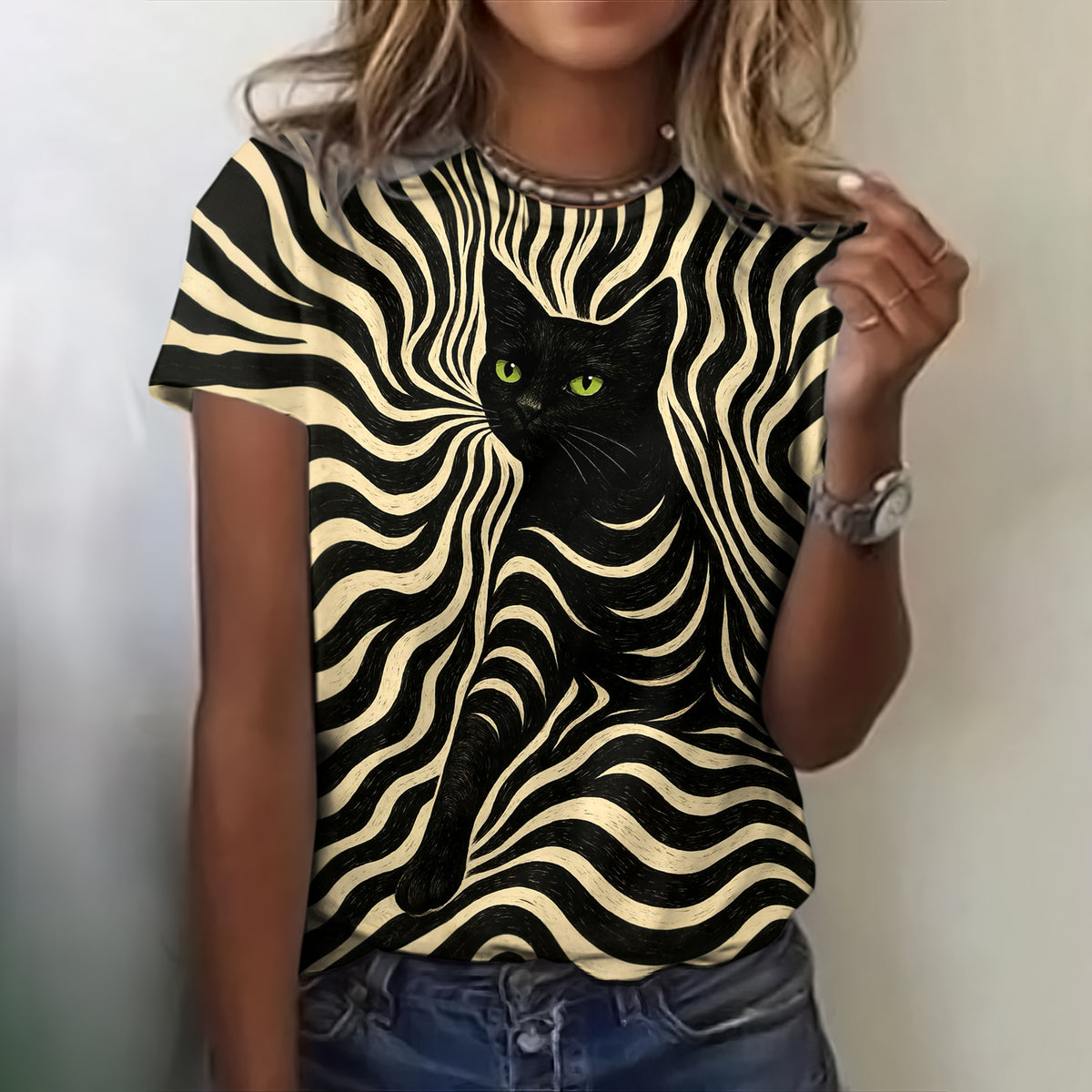 Abstract Creative Striped Cat With Green Eyes Painting Art Print  T-shirt
