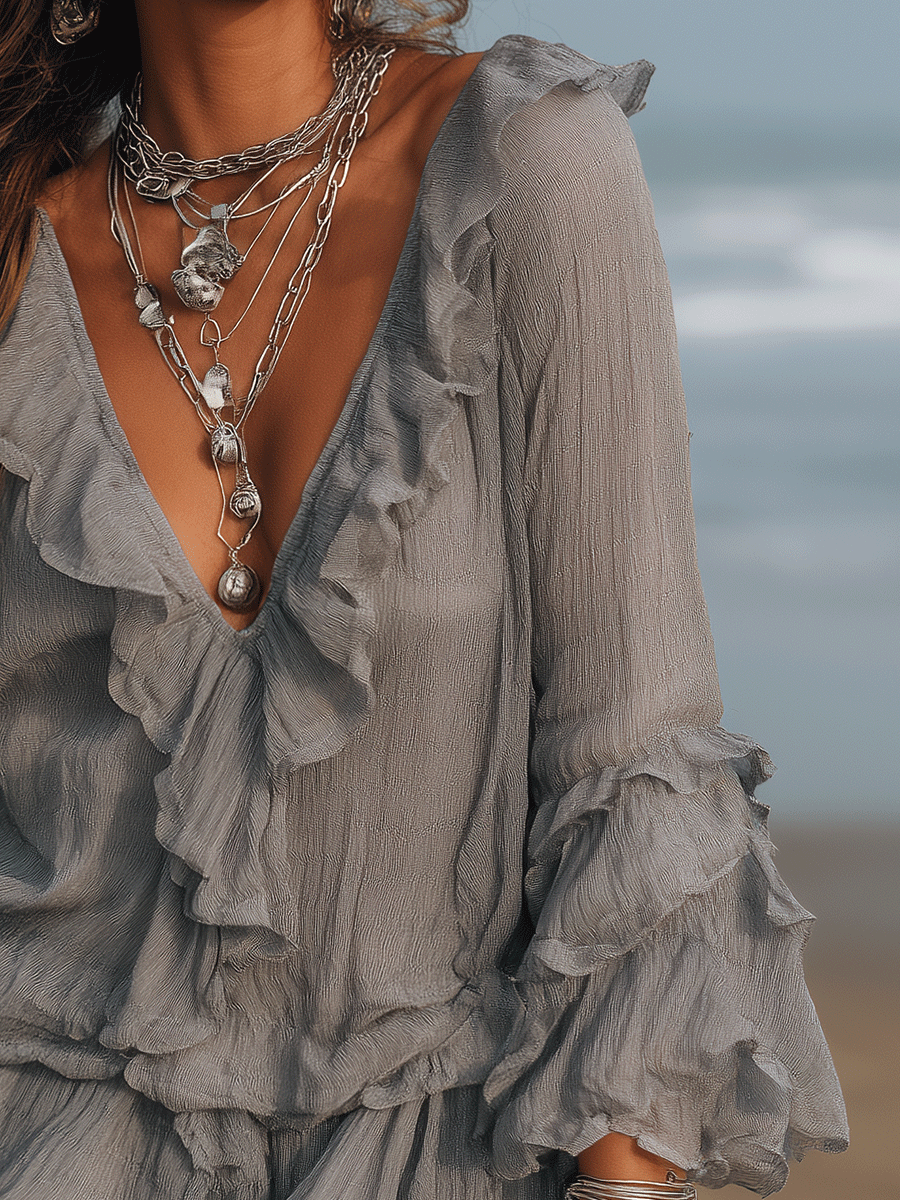 Soft Ash Boho Ruffle Mini Dress