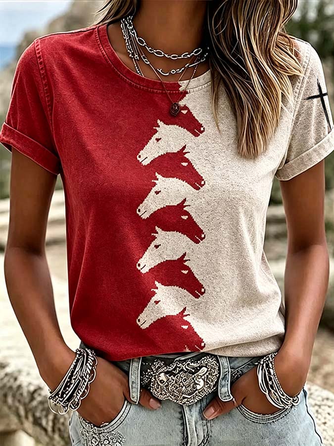 Women'S Western Style Animal Cross Round Neck T-Shirt