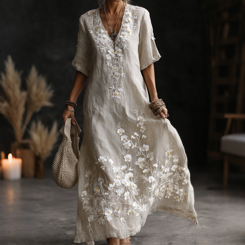 Vintage Japanese Plum Blossom Art Embroidered Linen Maxi Dress