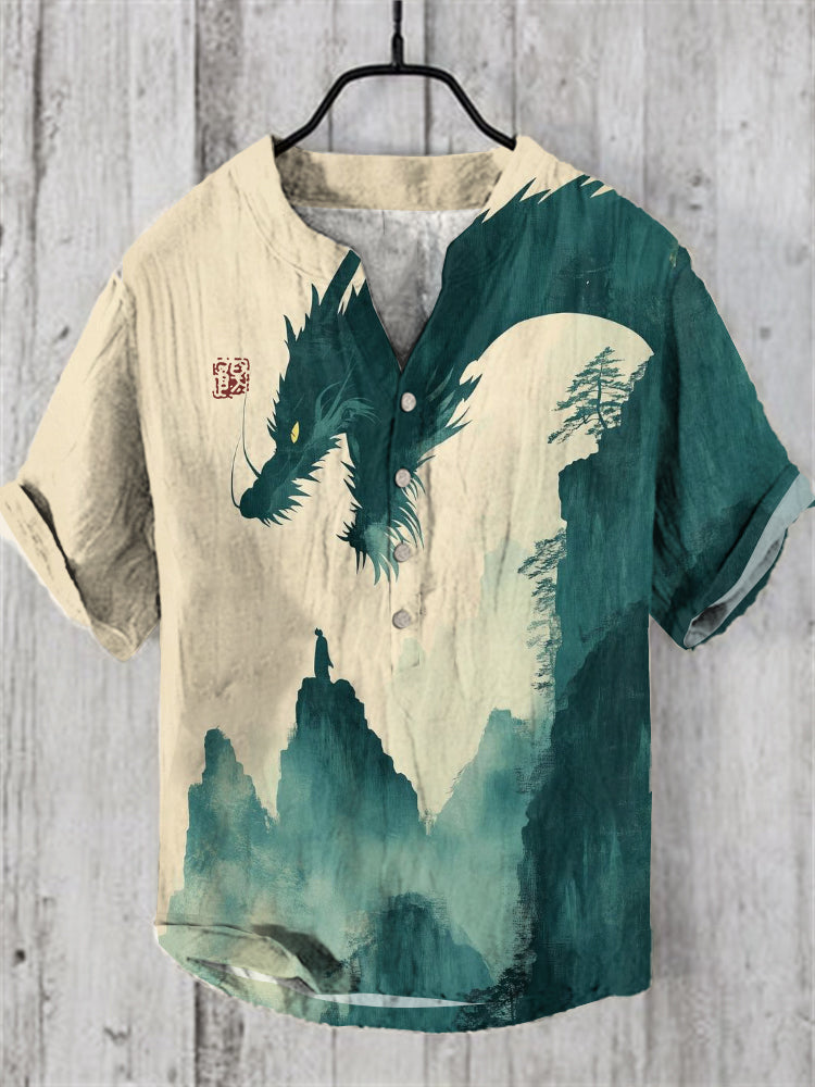 Japanese Ukiyo-e Dragon Landscape Art Linen Blend Shirt
