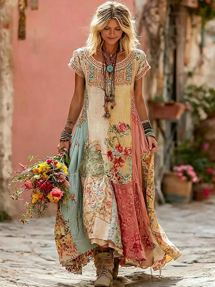 Women's Vintage Bohemian Rose Patchwork Short-sleeve Crew Neck Dress