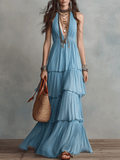 Elegant Bohemian Flowing Resort Chic Sky Blue Tiered Halter Maxi Dress